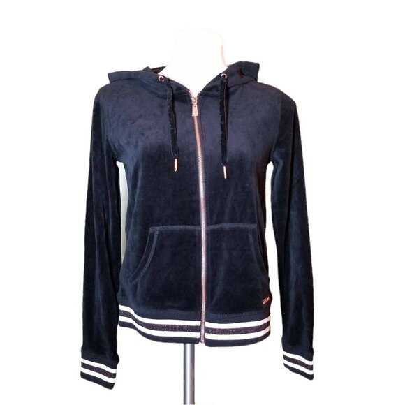 Betsey Johnson Black Velvet Rose Gold Zip Up Hooded  Track Jacket Small NWT - Picture 1 of 8